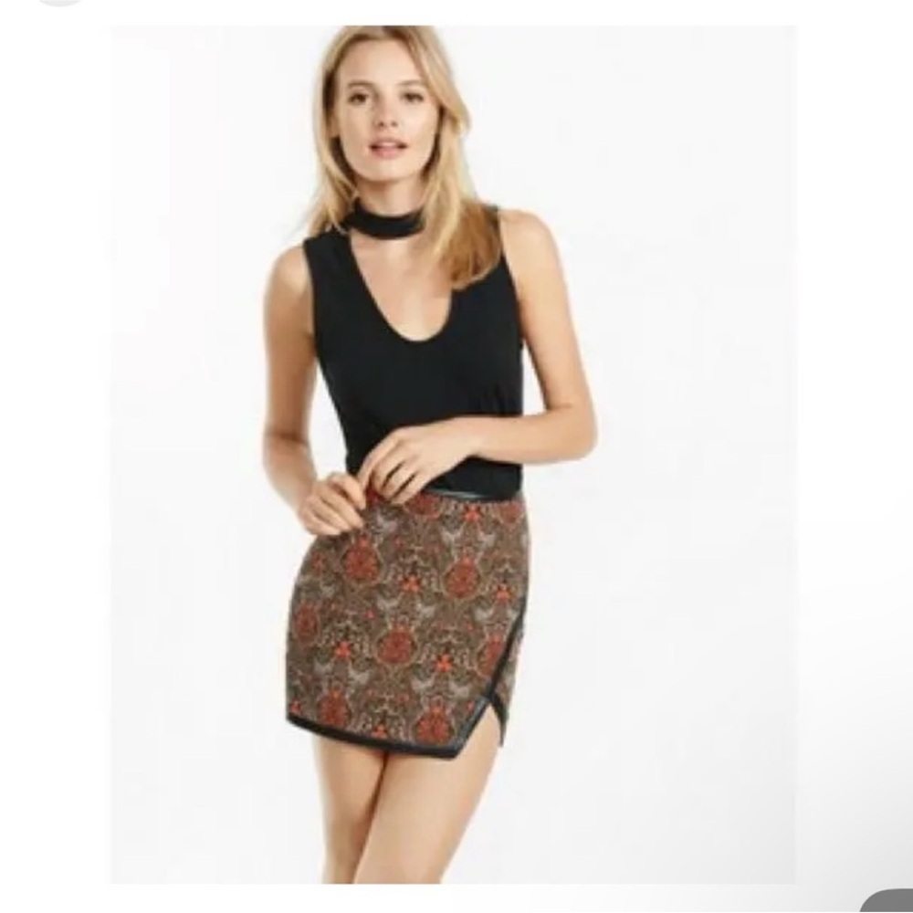 Express Artsy Avant Garde Tapestry Jacquard Print Faux Wrap Mini Skirt.